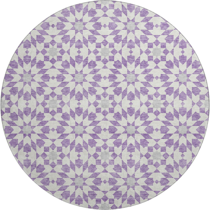 8' Geometric Washable Round Rug With UV Protection - Lavender And Ivory