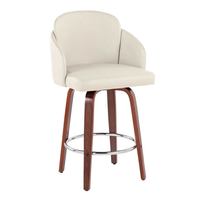 Dahlia - Fixed-Height Counter Stool (Set of 2) - Walnut Wood, Cream Faux Leather, Chrome Metal