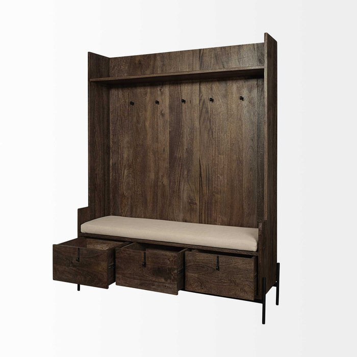 Wood, Fabric Wrapped Seat Hall Tree With Storage - Brown