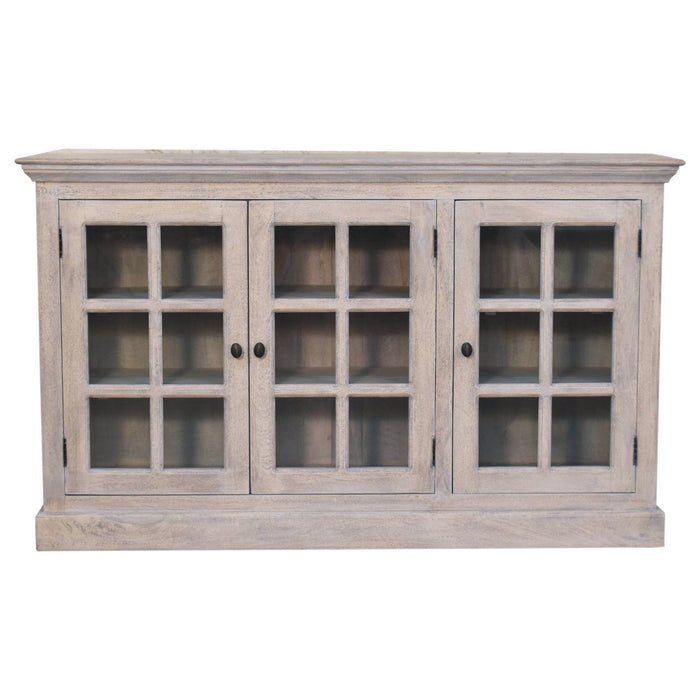 35" Distressed Solid Wood Accent Cabinet With Three Doors - Light Gray