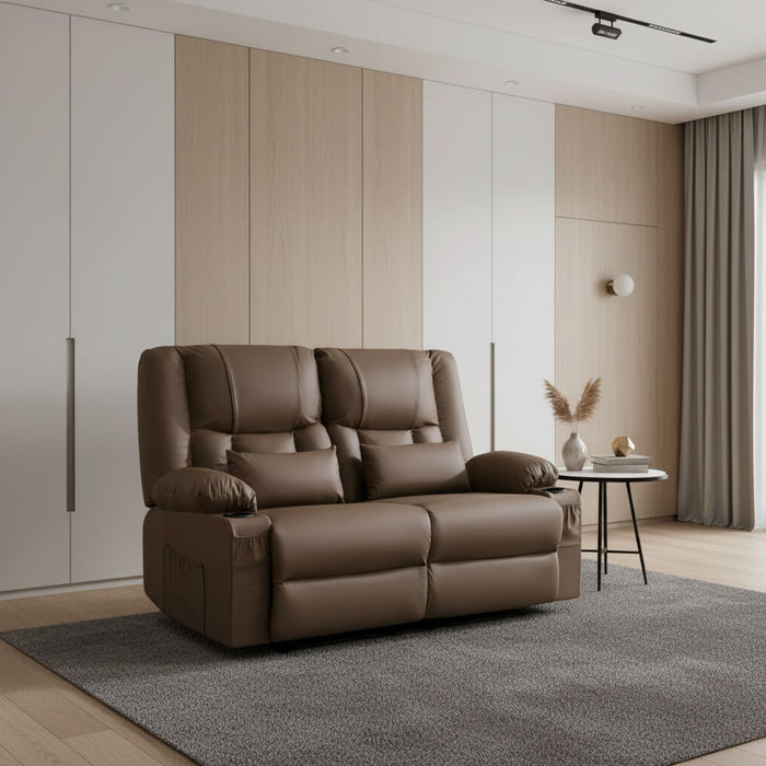 Faux Leather Manual Reclining Loveseat With Storage Toss Pillows - Brown
