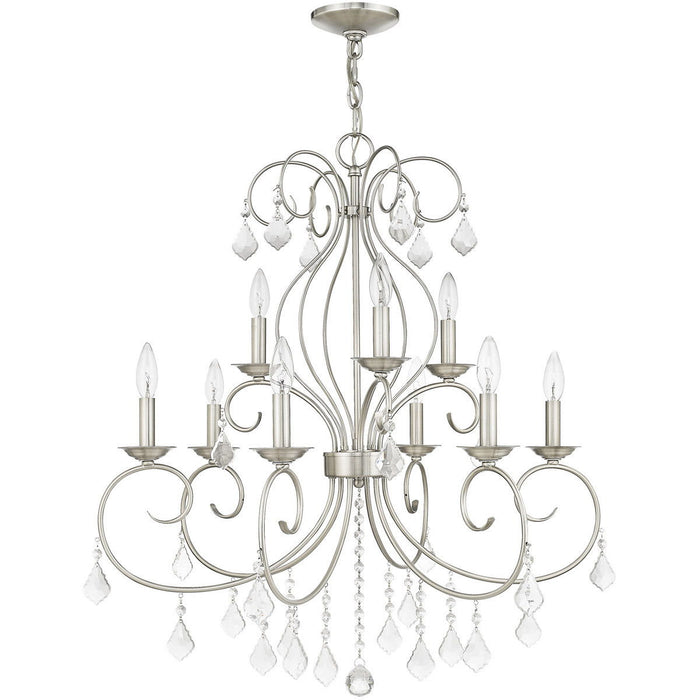 HomeRoots nine-light metal chandelier with clear shades and dimmable feature in nickel finish, ideal for modern lighting decor.