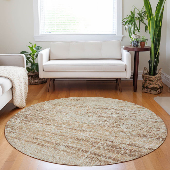 8' Abstract Washable Round Rug With UV Protection - Copper And Beige