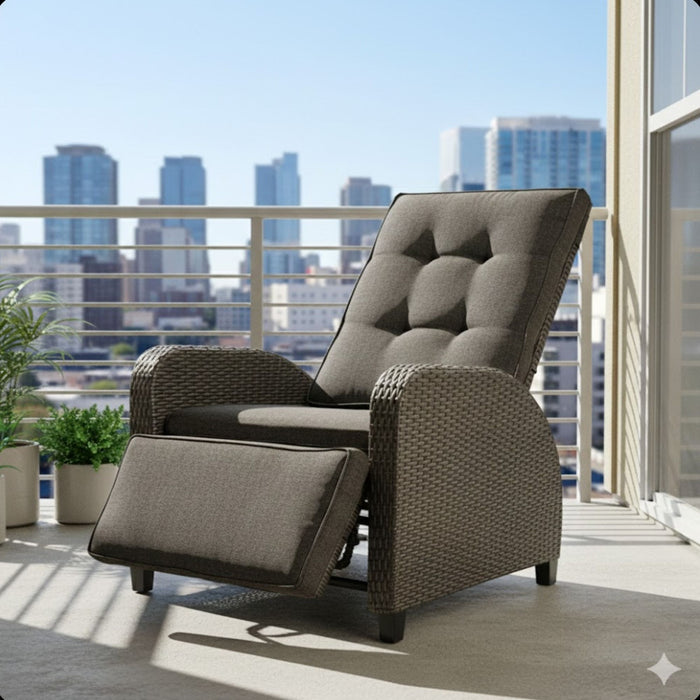 Giga adjustable outdoor lounge chair with plush cushions and extendable footrest in gray, perfect for relaxing outdoors.