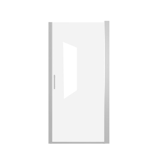 Chrome shower door with explosion-proof film and half-frame design by Giga, featuring clear glass and sleek chrome finish.
