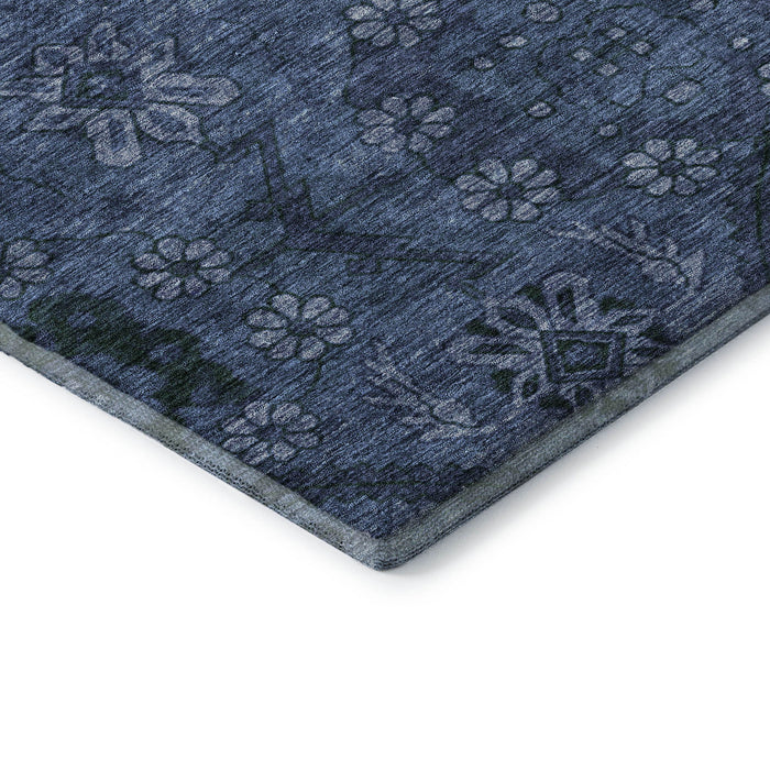 10' X 14' Floral Washable Area Rug With UV Protection (667246) - Navy Blue / Gray