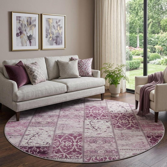 8' Patchwork Distressed Washable Round Rug With UV Protection (649555) - Burgundy / Ivory