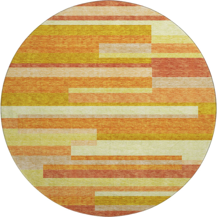 8' Striped Washable Round Rug With UV Protection - Orange And Gold