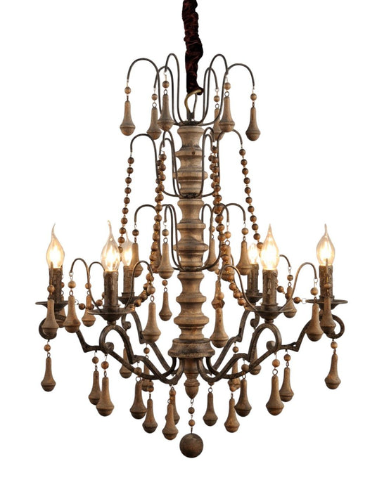 Candle Style Six Light Wood Chandelier - Brown