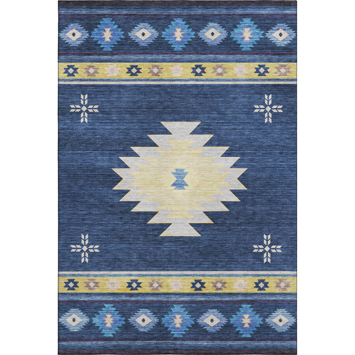 9' X 12' Geometric Washable Area Rug With UV Protection (645683) - Blue / Ivory / Gold