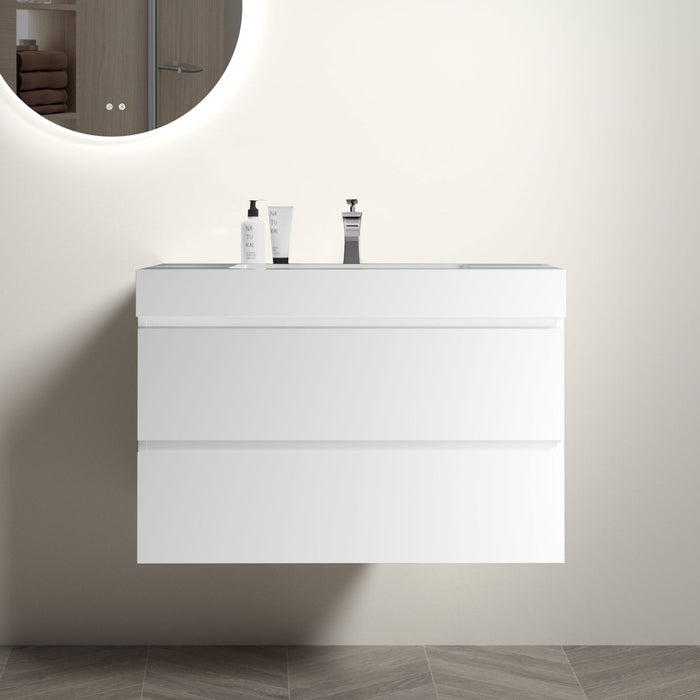 Giga Alice bathroom vanity with large storage, wall-mounted floating design, one-piece sink basin without drain or faucet.