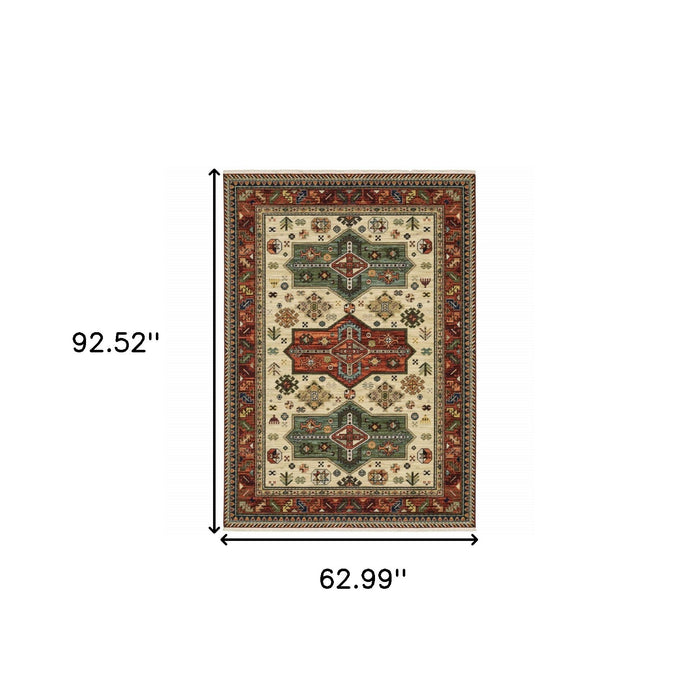 5' x 8' Oriental Power Loom Stain Resistant Area Rug With Fringe - Brick Red Orange Rust Beige Gold Pale Blue Olive Navy And Black