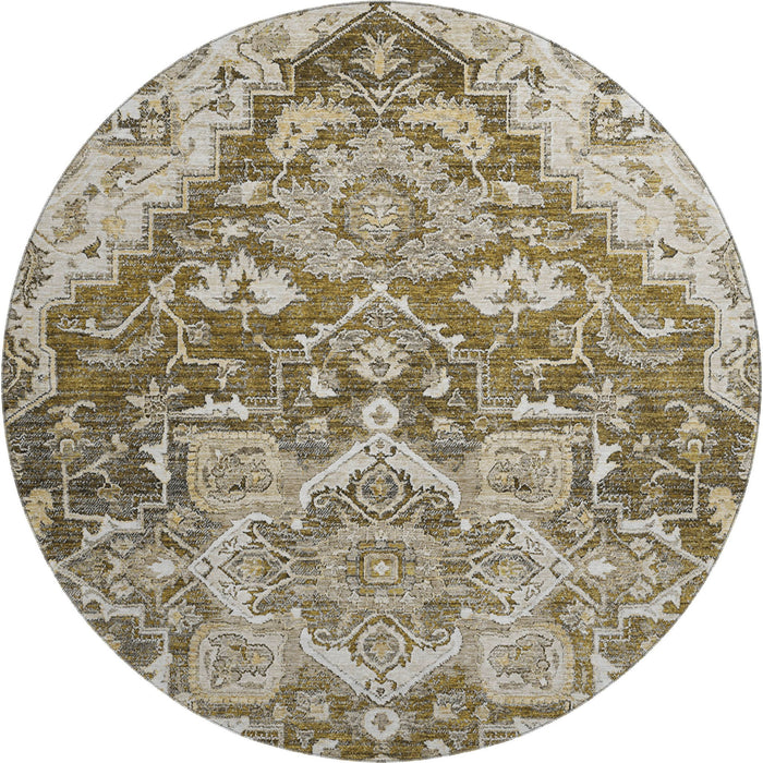 8' Floral Medallion Washable Round Rug With UV Protection - Brown