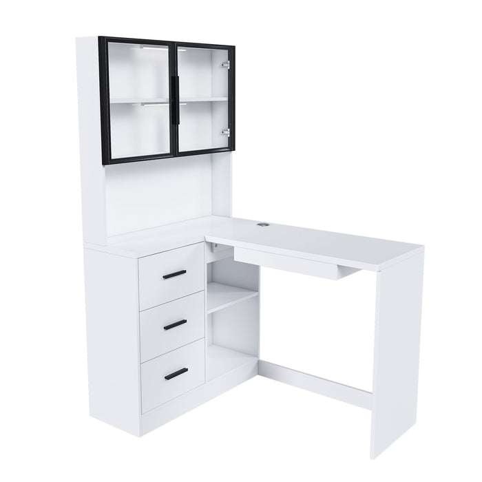 Giga L-shaped computer desk with glass cabinets, built-in LED lights and USB charging ports, designed for corner office or gaming setups.