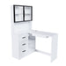 Giga L-shaped computer desk with glass cabinets, built-in LED lights and USB charging ports, designed for corner office or gaming setups.