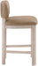 Set of two Meridian Furniture Paloma vegan leather counter stools in tan with upholstered seats and dark wooden legs.