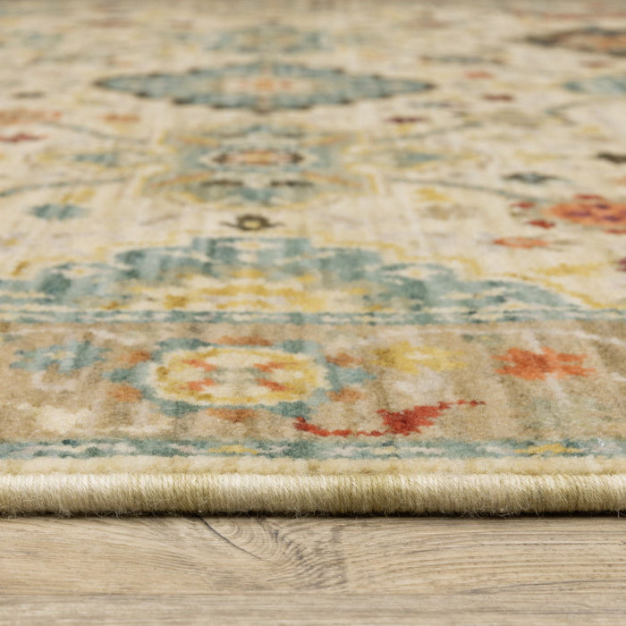 10' x 13' Oriental Power Loom Stain Resistant Area Rug With Fringe - Beige Pale Blue Rust Gold Tan Brown And Orange