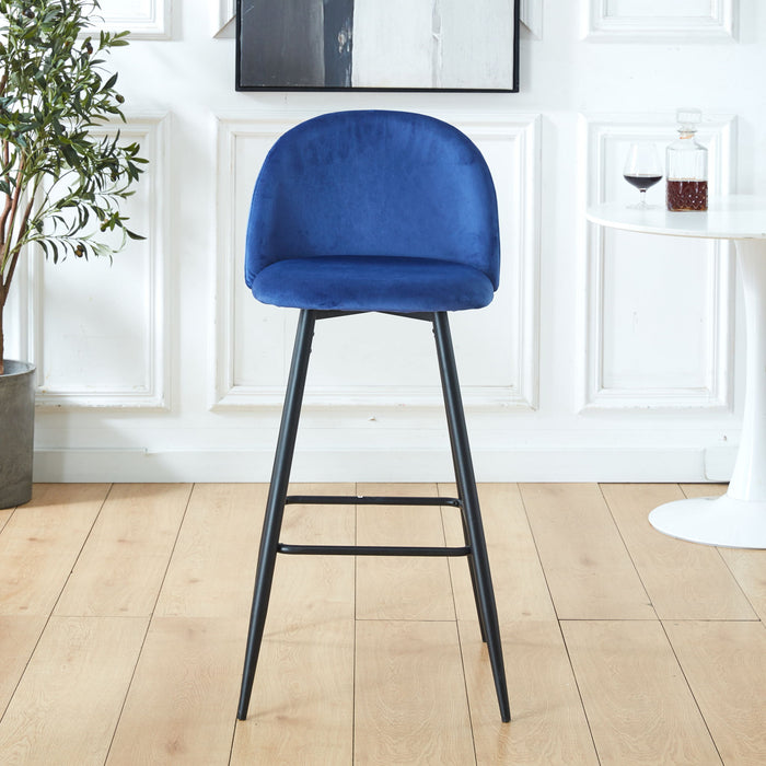 Set of two blue Giga modern counter height bar stools with backrests, sturdy metal legs, and footrests for kitchen or island use.
