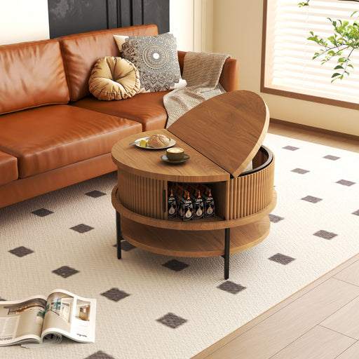 Brown Giga flip-top round coffee table with built-in storage, featuring a sleek design and sturdy wood finish.