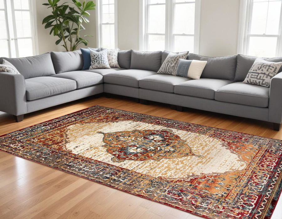 9' x 12' Medallion Power Loom Area Rug - Ivory Red And Orange