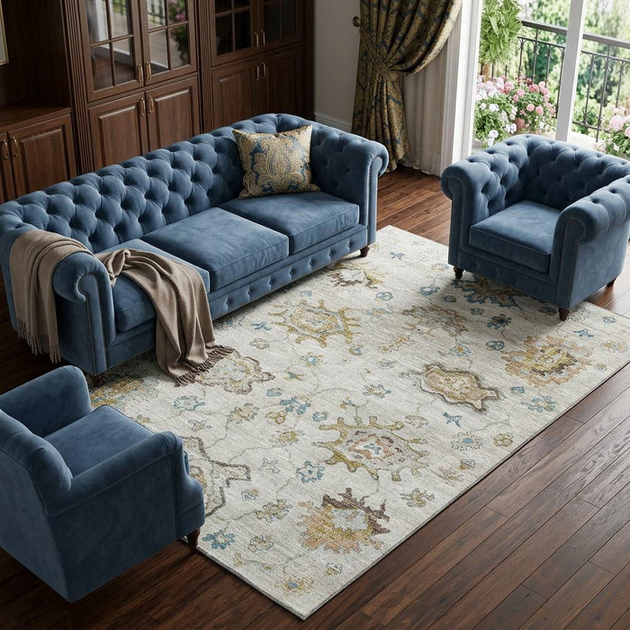 9' X 12' Floral Medallion Distressed Washable Area Rug With UV Protection (644621) - Linen / Blue / Coffee