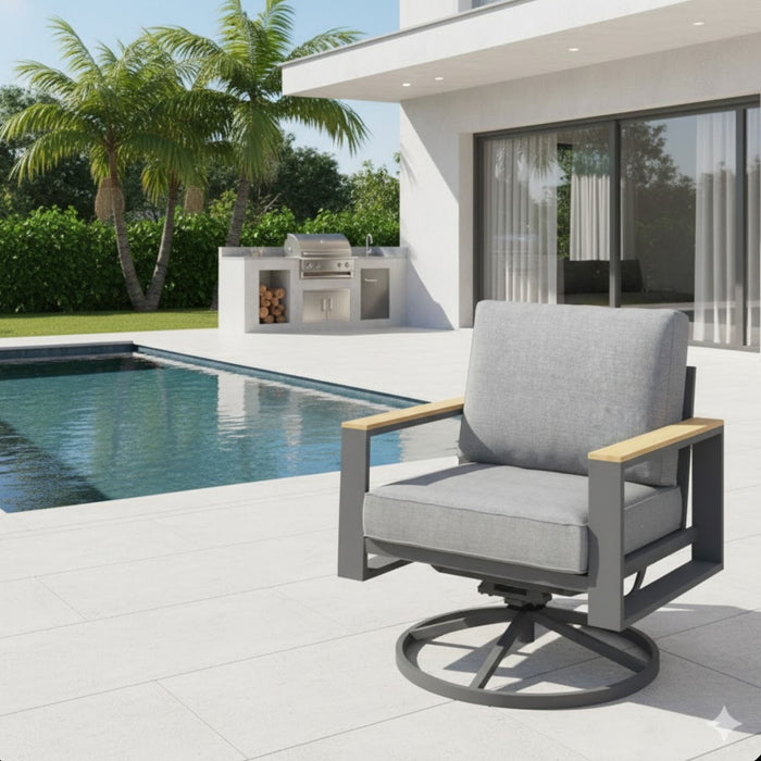 Gray Giga all-weather swivel patio dining chair with cushions, featuring a sturdy frame and comfortable seating for outdoor dining.