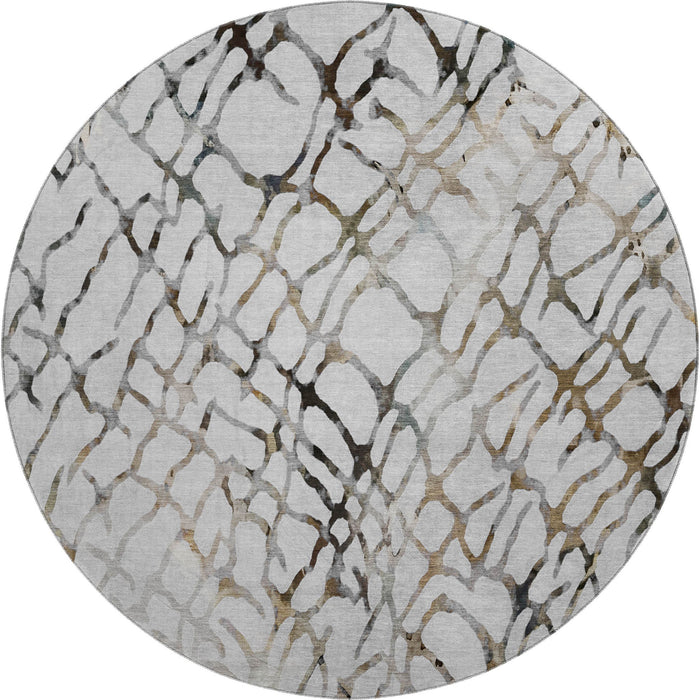 8' Abstract Washable Round Rug With UV Protection (651127) - Silver / Gray / Brown