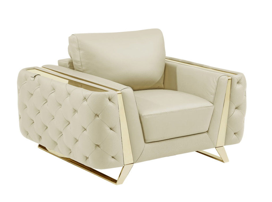 Genuine Leather Tufted Club Chair - Beige And Gold