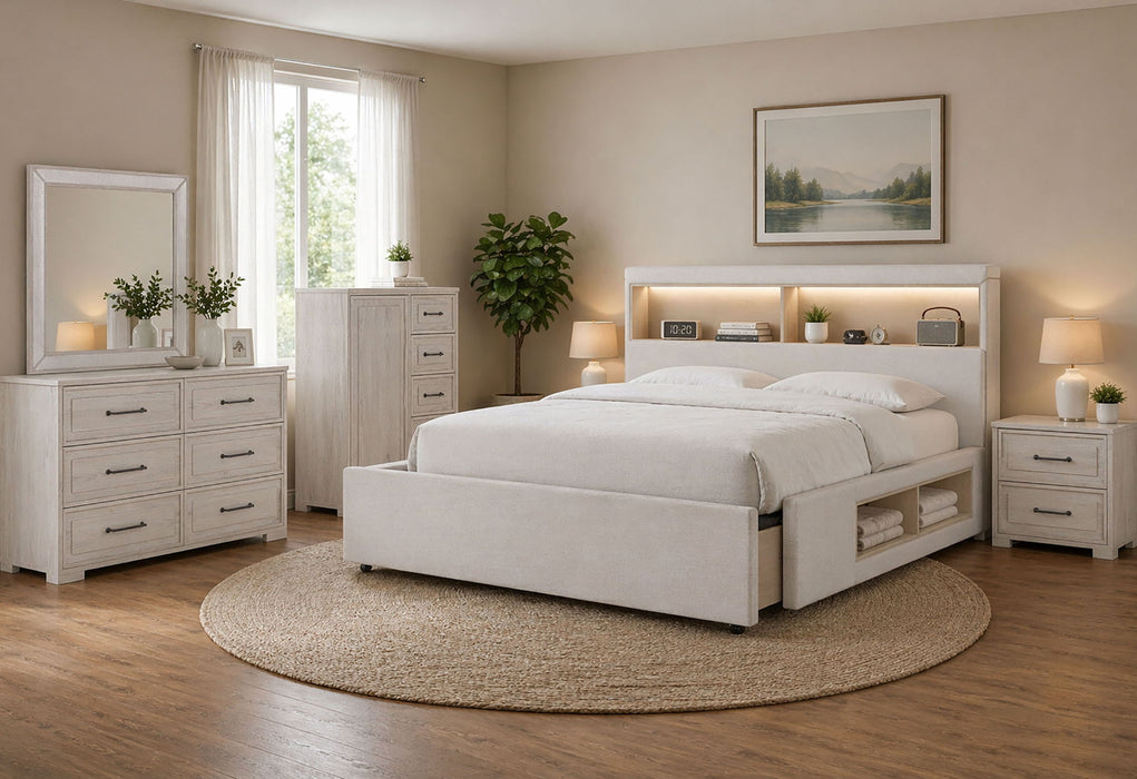 Sadie / Clara - 5 Piece King Bedroom Set (Bed, Dresser & Mirror, Nightstand, Chest) - Beige Sadie / Clara - 5 Piece King Bedroom Set (Bed, Dresser & Mirror, Nightstand, Chest) - Beige
