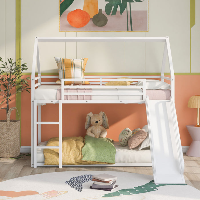 Giga Twin Over Twin House Bunk Bed with ladder and slide, featuring a cozy wooden design and playful kids' bedroom setup.