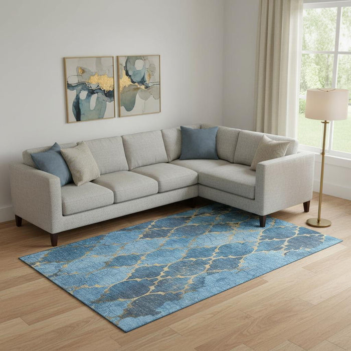 10' X 14' Damask Washable Area Rug With UV Protection (701281) - Blue / Gold