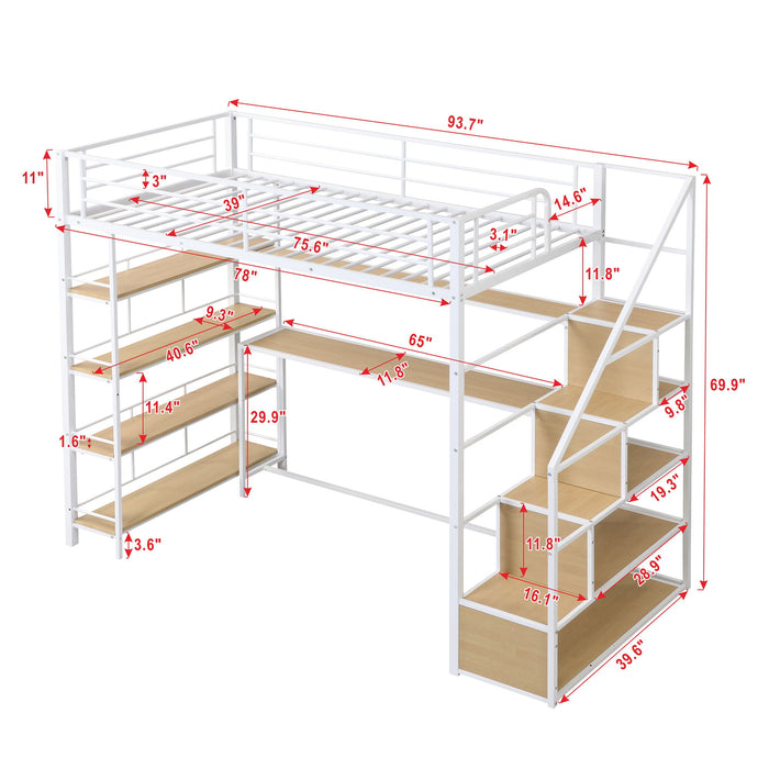 White Giga twin size loft bed with built-in desk, staircase storage, and four-tier shelves, showcasing a modern, space-saving design.