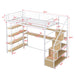 White Giga twin size loft bed with built-in desk, staircase storage, and four-tier shelves, showcasing a modern, space-saving design.