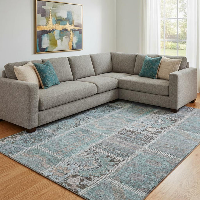 9' X 12' Patchwork Washable Area Rug With UV Protection (653259) - Teal / Beige