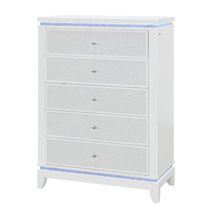 36" Faux Crystal Glitter Wood Lighted Five Drawer Dresser - White