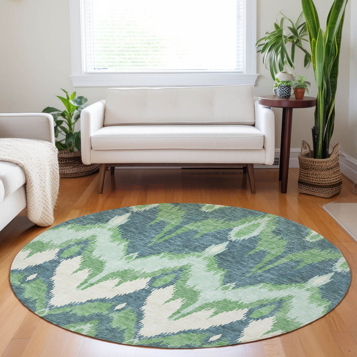 8' Ikat Washable Round Rug With UV Protection - Green And Ivory