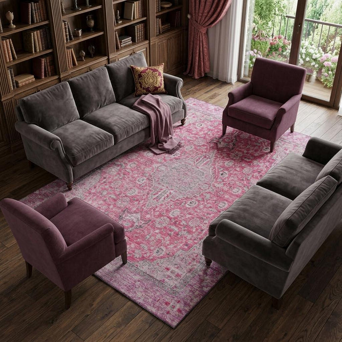 10' X 14' Floral Medallion Washable Area Rug With UV Protection (696128) - Pink / Mauve / Gray