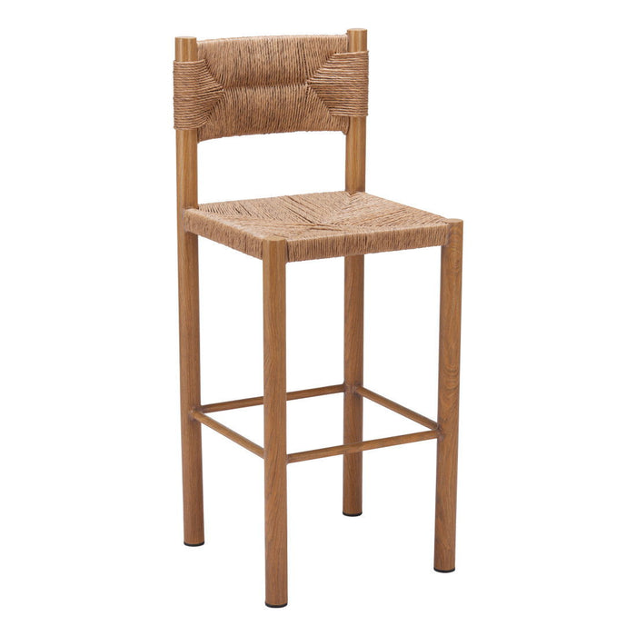 Set of 2 HomeRoots rattan and aluminum low back bar height chairs with natural finish, featuring woven rattan seats and sleek metal frames.
