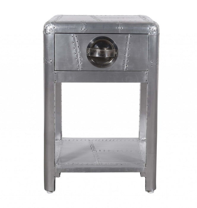 Aluminum Square End Table With Drawer And Shelf - Silver