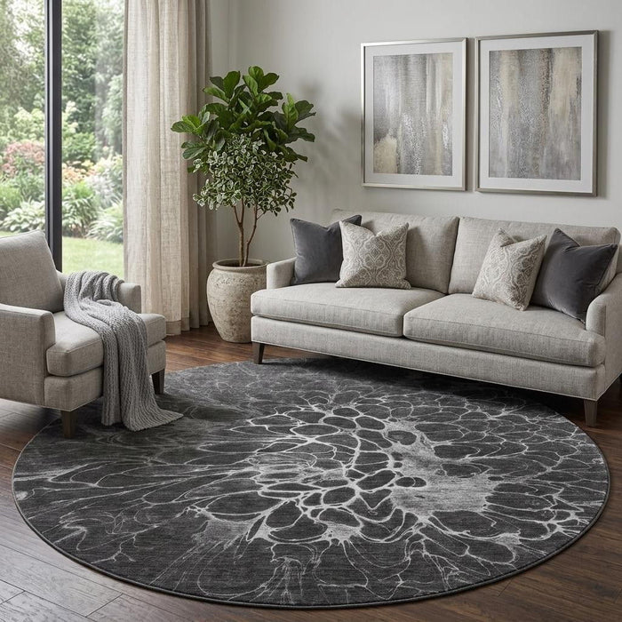 8' Abstract Washable Round Rug With UV Protection (654557) - Charcoal / Silver