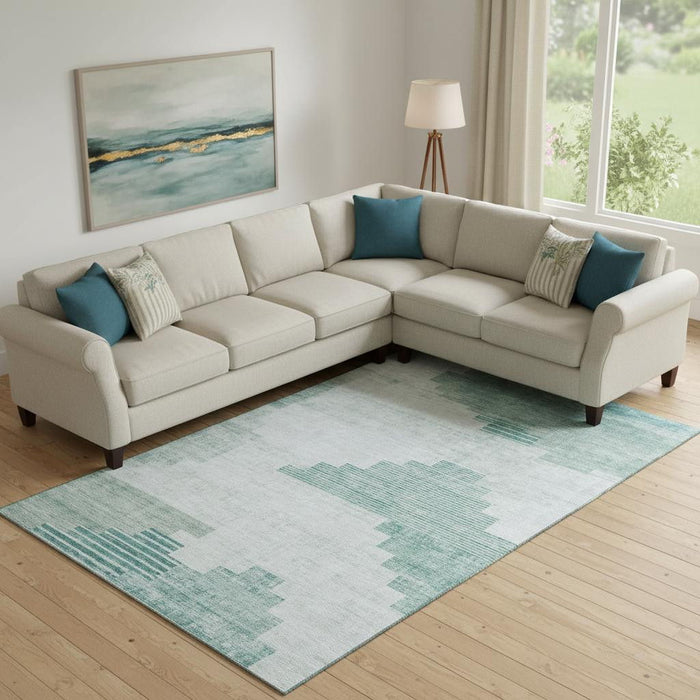 10' X 14' Geometric Washable Area Rug With UV Protection (704951) - Teal / Ivory
