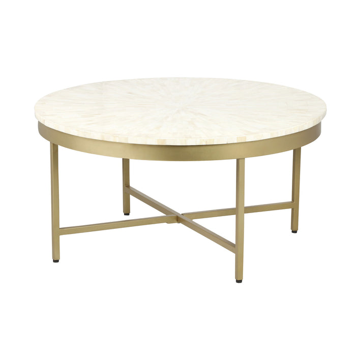 18" Wood And Steel Round Coffee Table - Ivory And Gold