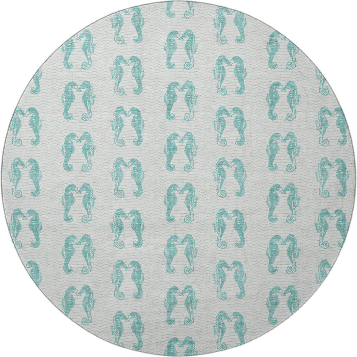 8' Geometric Washable Round Rug With UV Protection - Aqua / Ivory