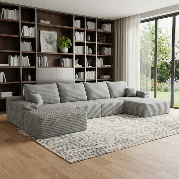 2 Piece Living Room Set Corduroy Modular Compression Foam Sofa With Ottoman Toss Pillows - Gray