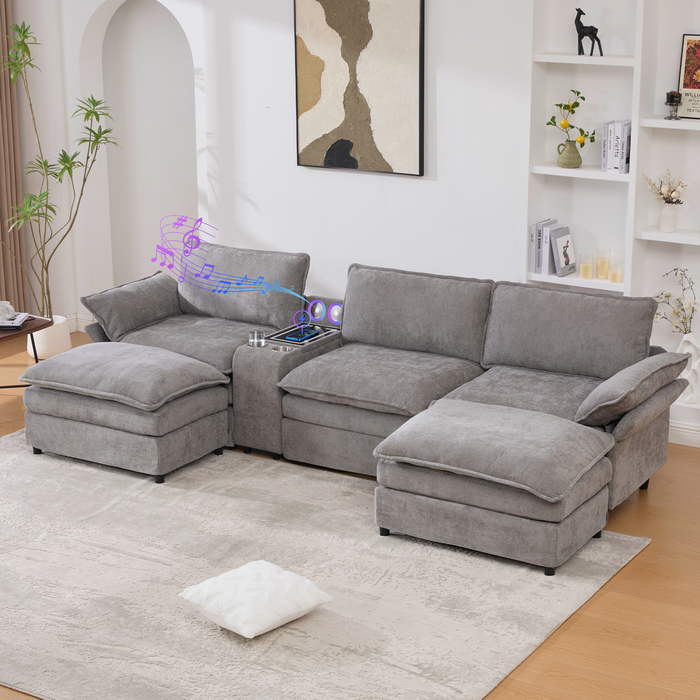[NEW ARRIVED] [VIDEO PROVIDED]U Shaped Modular Sectional Sofa,Storage Console & Wireless Charging,2 Cup Holders,Bluetooth Speakers,2 Movable Footstools,Adjustable handrail,Movable seat,Chenille,Gray