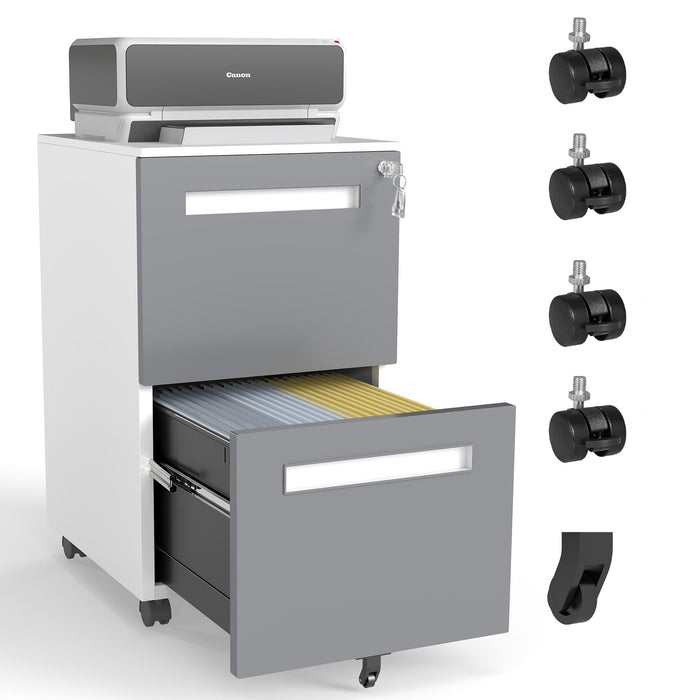 White Giga 2-drawer mobile filing cabinet with lock, on 360° wheels, holding A4, letter, and legal files.