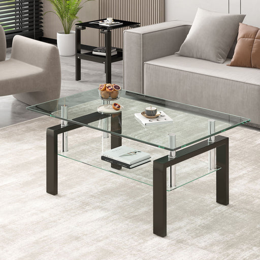 Giga tempered clear glass coffee table with two layers, black frame, modern living room center table, sleek and stylish design.
