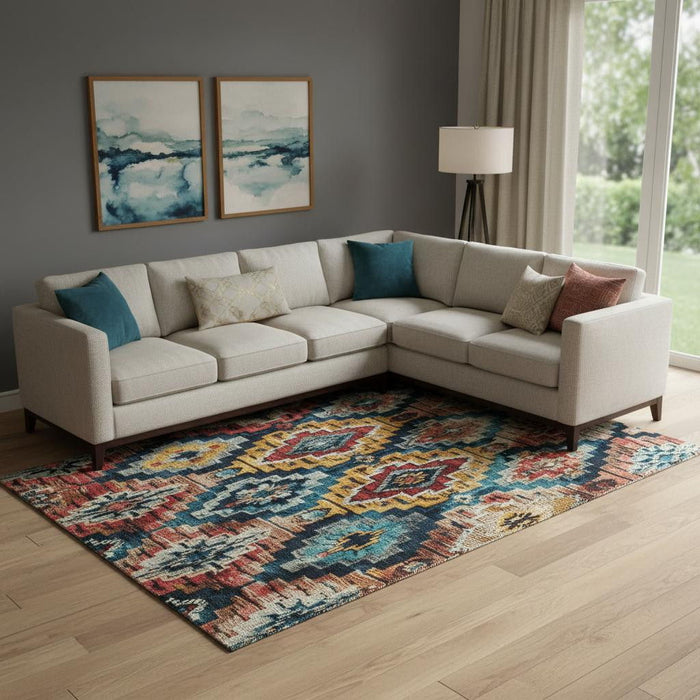 10' X 14' Washable Area Rug With UV Protection (707119) - Rust / Blue / Coral