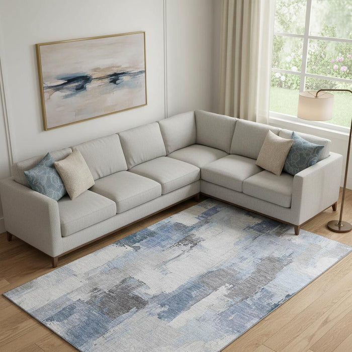 10' X 14' Abstract Washable Area Rug With UV Protection (709648) - Denim Blue / Gray / Ivory