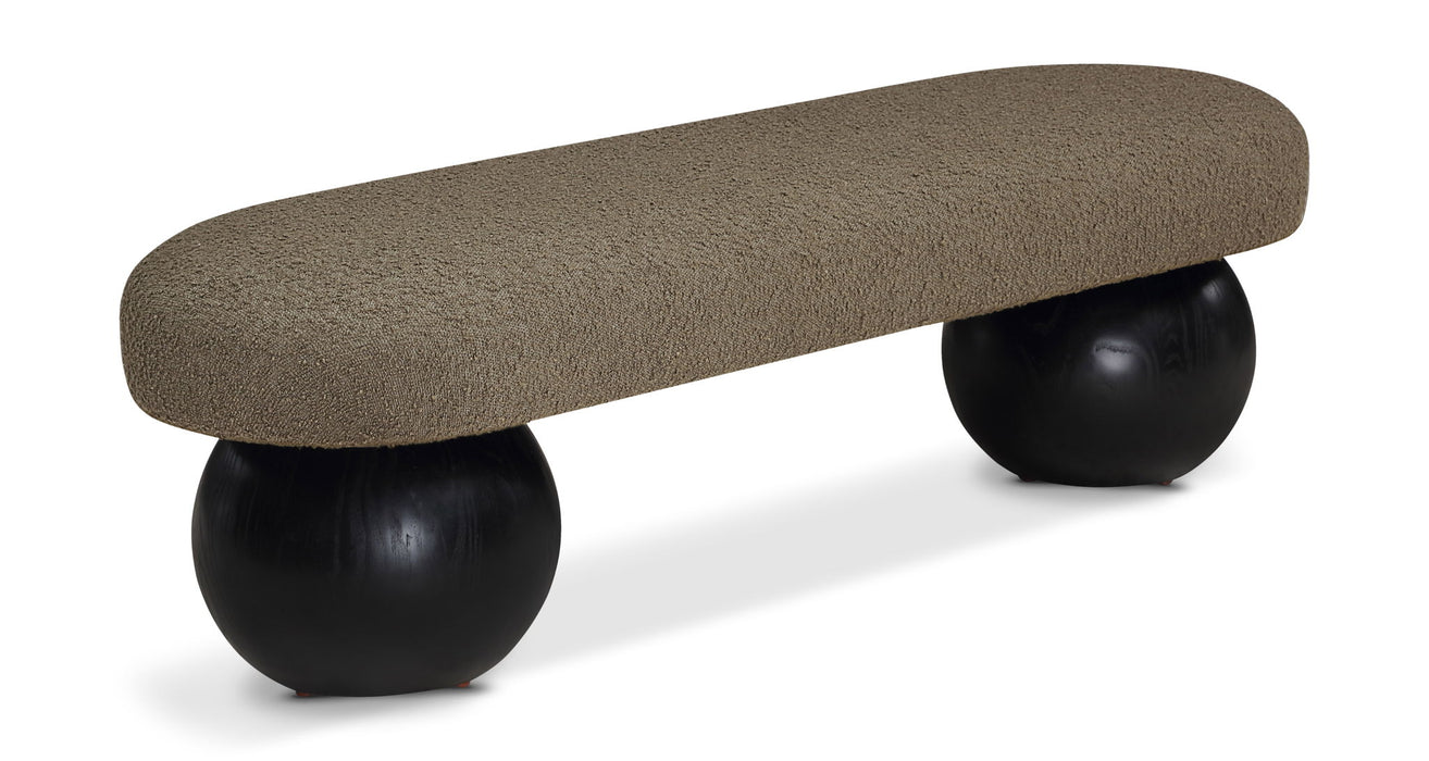 Black-legged upholstered Bowie bench by Meridian Furniture with a sleek, modern design and cushioned seat.